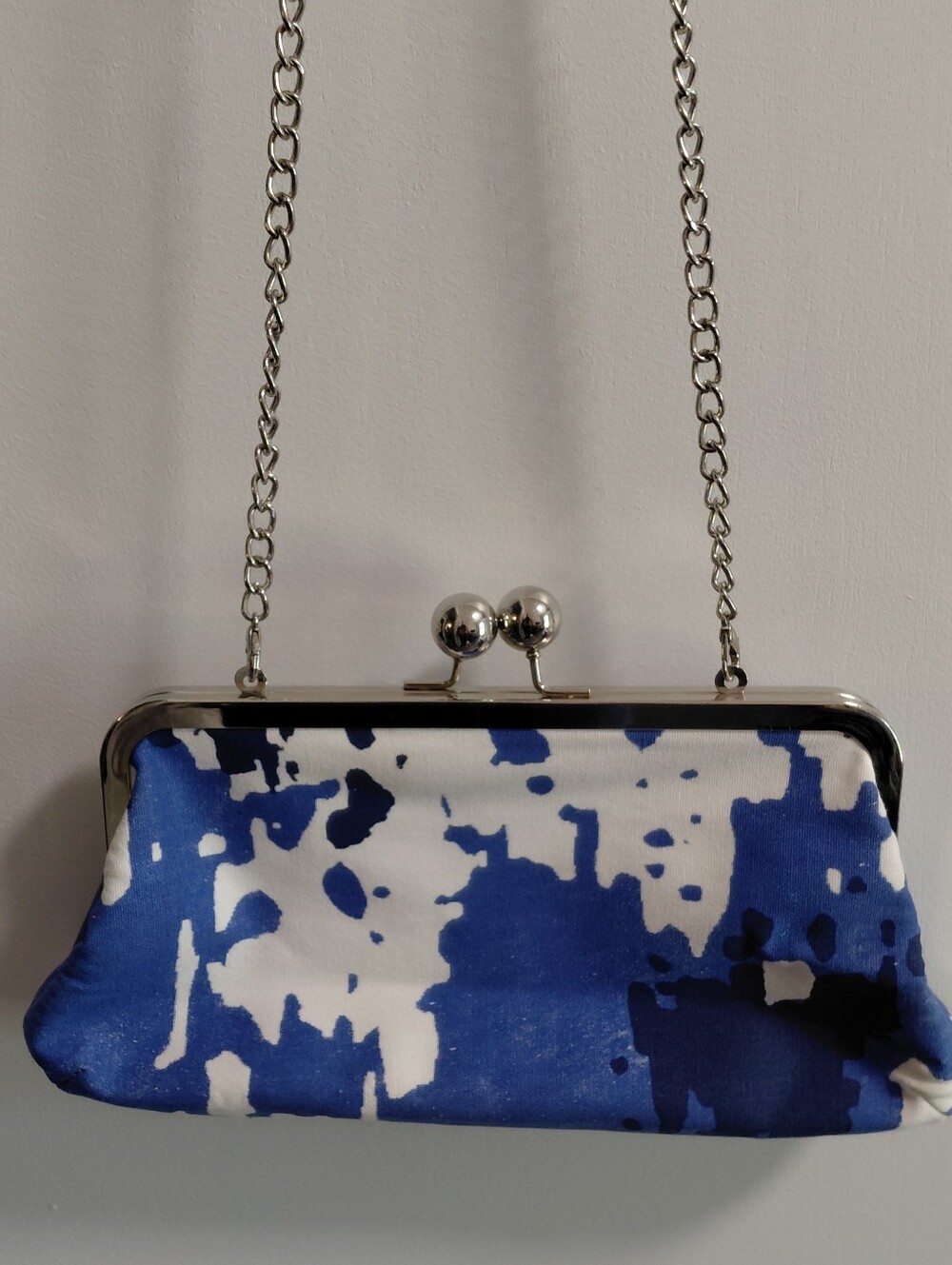 Donna Dixon Blue White Clutch Purse with Silver Chain